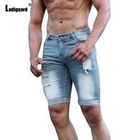 ladiguard plus size men fashion bottom sexy crimping denim shorts vintage hole ripped short jeans male casual skinny hotpants