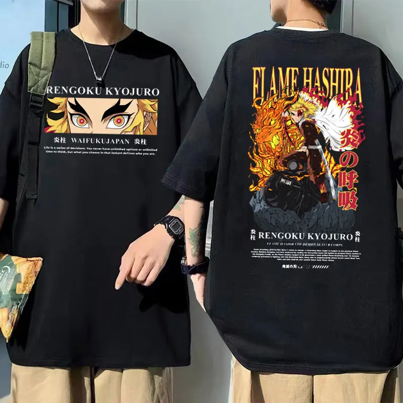 

Rengoku Kyoujuro Double Sided Print Tshirt Men Manga Loose T-shirt Japanese Anime Demon Slayer Kimetsu No Yaiba Pattern T Shirts