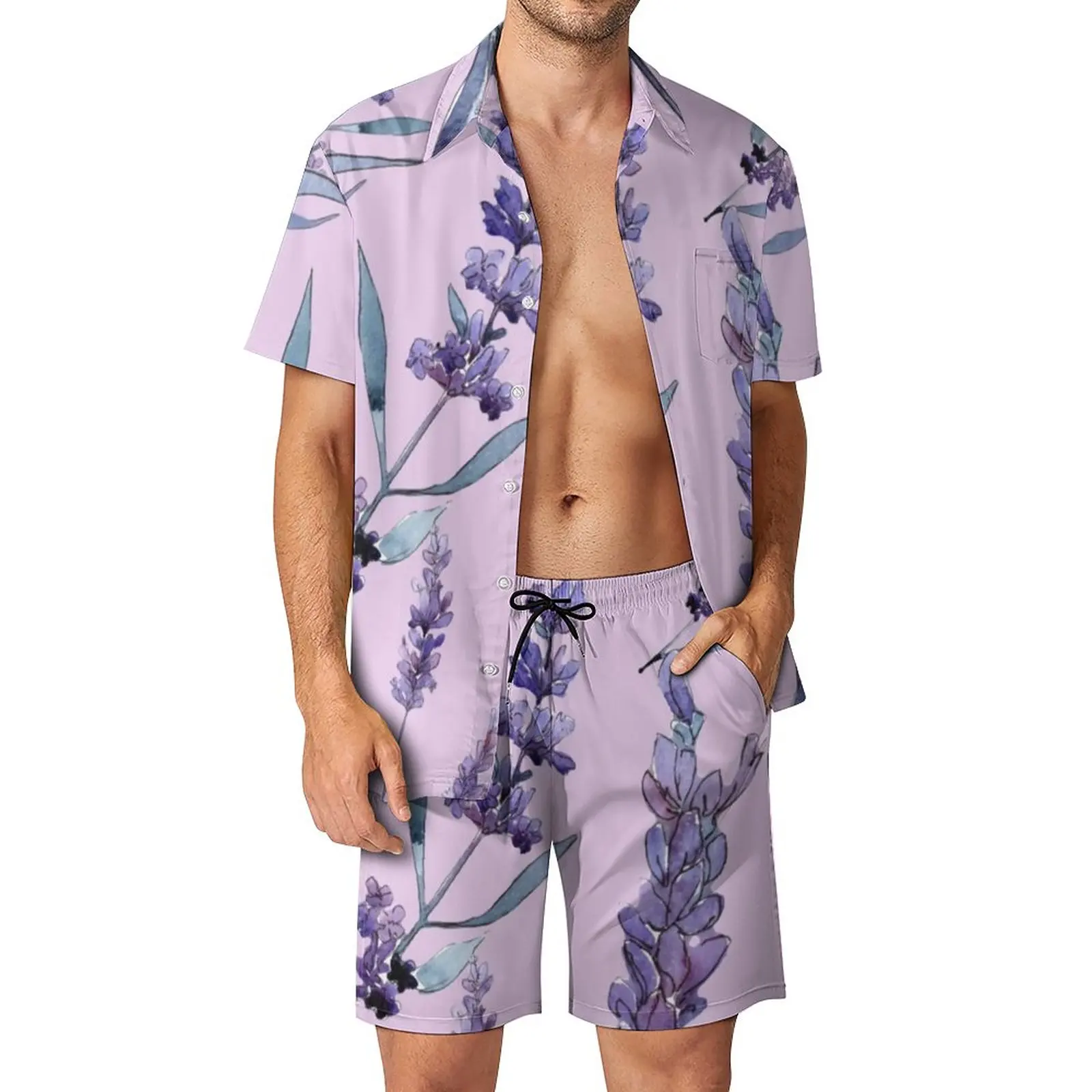 

Violet Lavender Men Sets Purple Floral Print Casual Shorts Beachwear Shirt Set Summer Streetwear Suit Short Sleeve Oversized