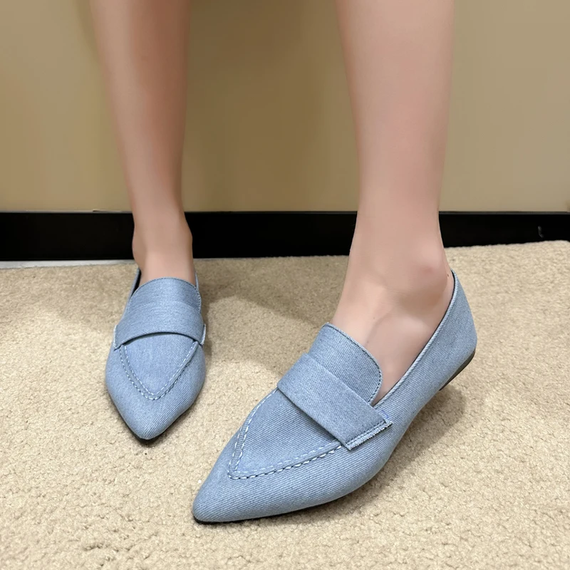 Denim Shoes Woman Fashion Pointed Toe Moccasins Ladies Blue Canvas Flat Loafers Plus Size
