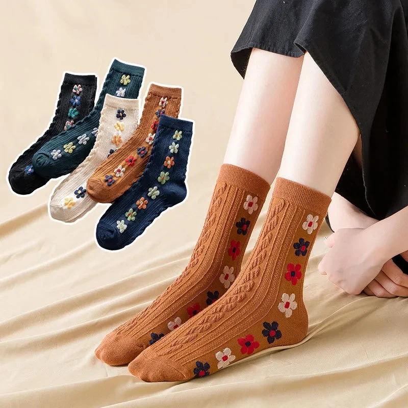 Yasuk Autumn Winter Women's Fashion Solid Cute Flower Casual Comfortable Heigh Tube Stocking Pile Loose Socks 5Pcs