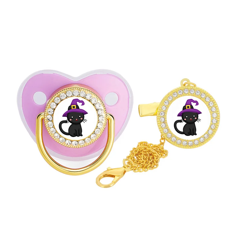 

Black Cat Halloween Bling Baby Pacifier Clip Luxury Pacifier Chains Baby Shower Gift Infant Nipple Baby Dummy Pacifier BPA Free