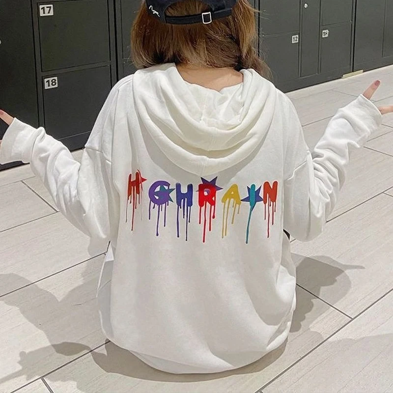 QWEEK Hooded Sweatshirts Kawaii Harajuku Pullover Oversized White Black Hoodie BF Preppy Style Couple Long Sleeve Outerwear Thin