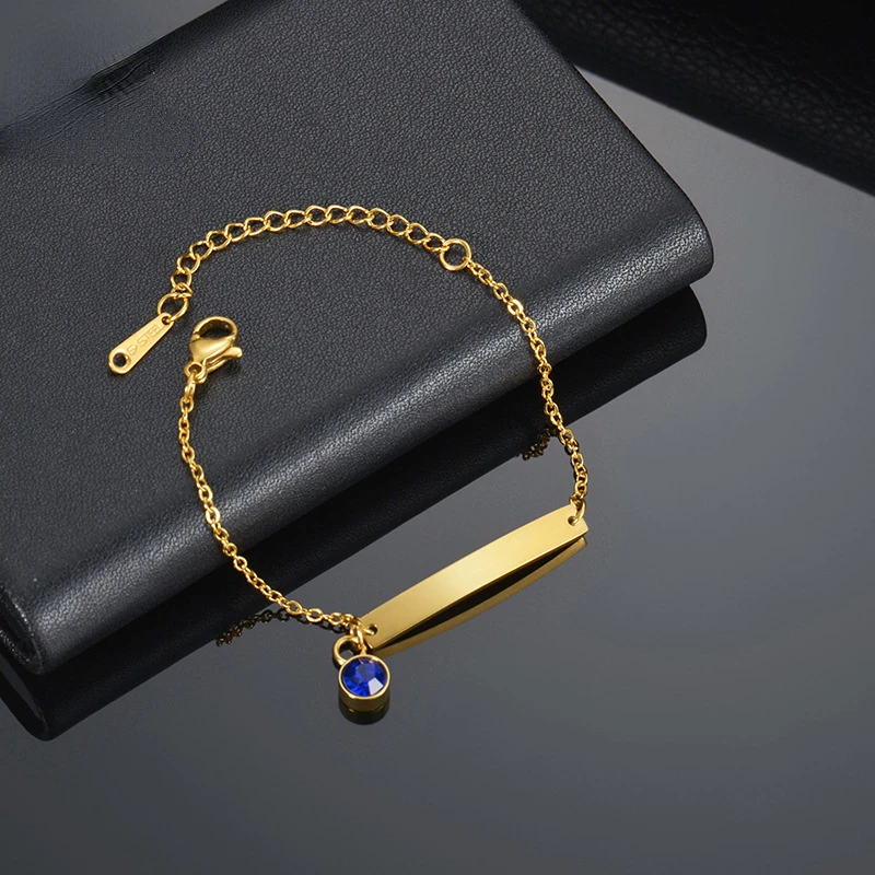 Custom Stainless Steel Titanium  Smooth Curved Zircon Hand Chain Pendant DIY Child Birthstone Bracelet for Boy and Girl