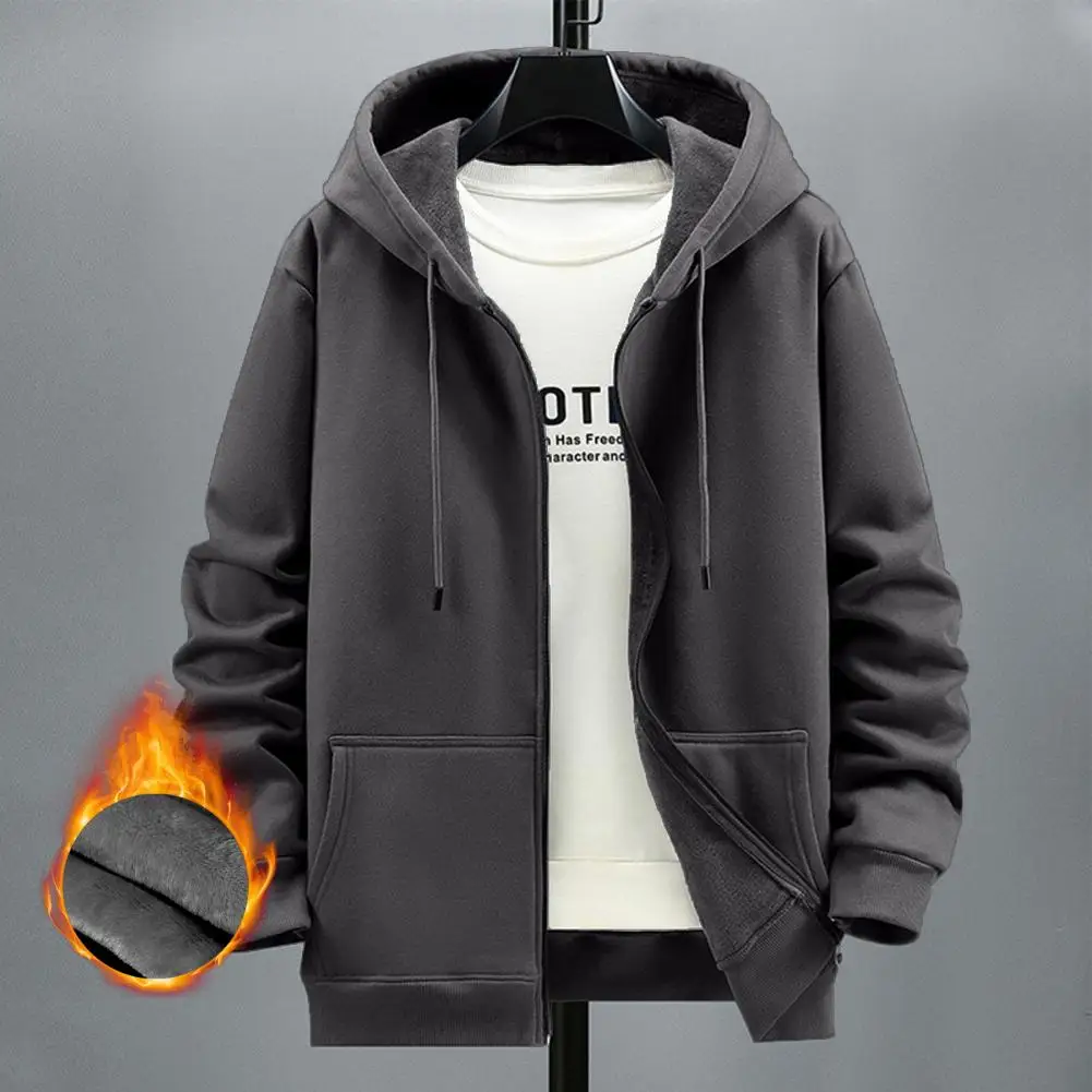 

Solid Color Winter Coat Stylish Men's Fleece Hoodie Cozy Winter Coat with Zipper Placket Pocket Solid Color Long Sleeve Design