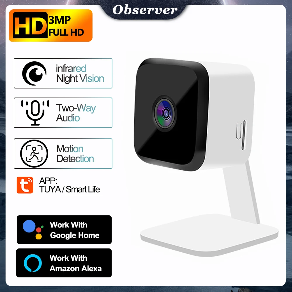 

TUYA Indoor 3MP Surveillance Camera Mini Size Home Security WIFI IP Camera APP Motion Alarm CCTV IR Night Vision Work with Alexa