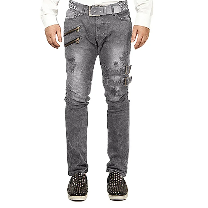 Men Jeans Spring Summer Zipper Ripped Denim Straight-Leg Pants Streetwear Vintage Jeans Men's Casual Mid Waist Pocket Jeans