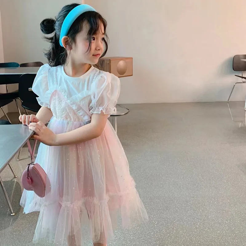 

Pink Princess Girls Dress 2022 Spring Summer Korea Style Grenadine Dress for Little Girls Birthday Gift Girl Dresses