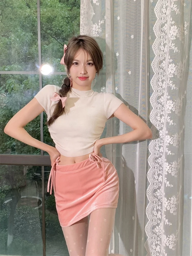 

Pink Velvet Skirt Women Summer Y2k Harajuku Mini Skirt for Sweet Girls Kawaii Clothes