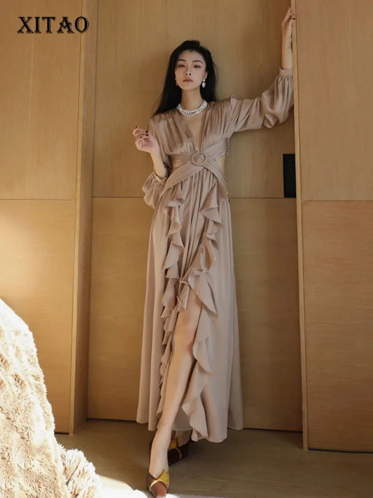 XITAO Bandage Dress Fashion Vintage Ruffle Full Sleeve Goddess Fan Casual High Waist Style 2022 Autumn Minority Dress ZY8223
