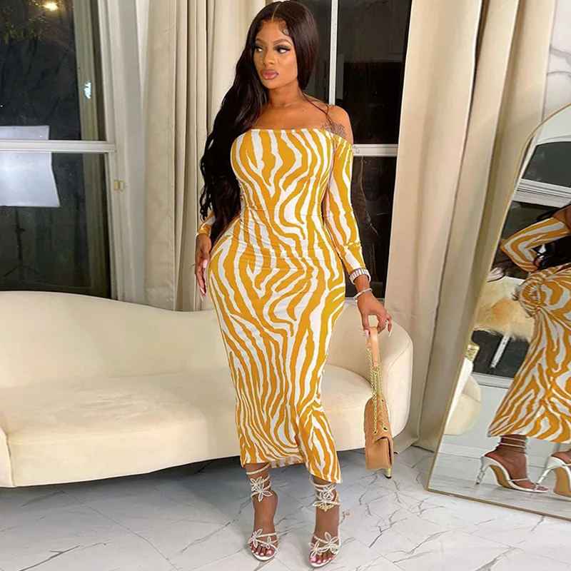 

Sexy Slash Neck Off Shoulder Full Sleeve Slim Dresses Women Streetwear 2023 Autumn Stripe Print Bodycon Night Club Long Dress
