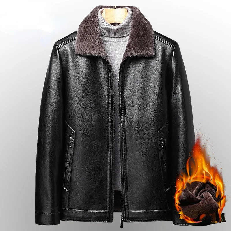 Middle-aged Men Leather Jacket Winter Fleece Warm Motorcycle Leather Coats Casual PU Biker Leather Jackets Mens Clothing E399