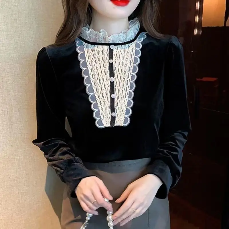 

Pullovers O-neck Long Sleeve Solid Color T-Shirts Buttons Elegant Patchwork Fashion Loose Casual Korean Vintage Women Clothing