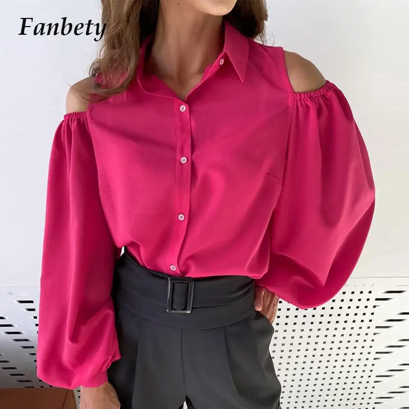 

Блузка женская с открытыми плечами, модная Однотонная рубашка с простыми рукавами-фонариками, элегантный офисный Топ, на лето