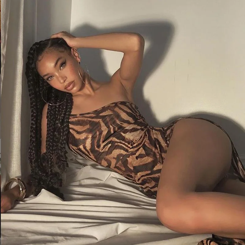 

Женское платье с лямкой на шее и вырезом-лодочкой, облегающее платье с разрезом и принтом тигра, Новинка лета 2022