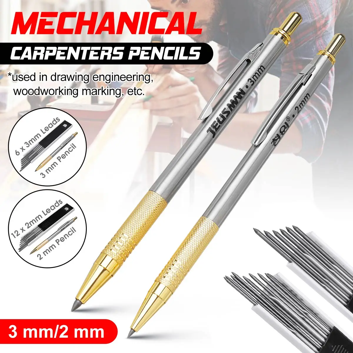 

2mm/3mm Full Metal Mechanical Pencil Set 2B Automatic Pencils With Black Lead Refills Draft Drawing Writing Crafting Art Tools