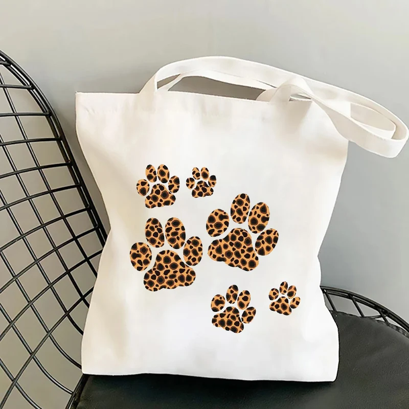 

Leopard Dog Paw Print Women Totes Bags Canvas Shoulder Bags Print Large foldable Shopping Bags Cartoon Eco Grocery Shopper Bag