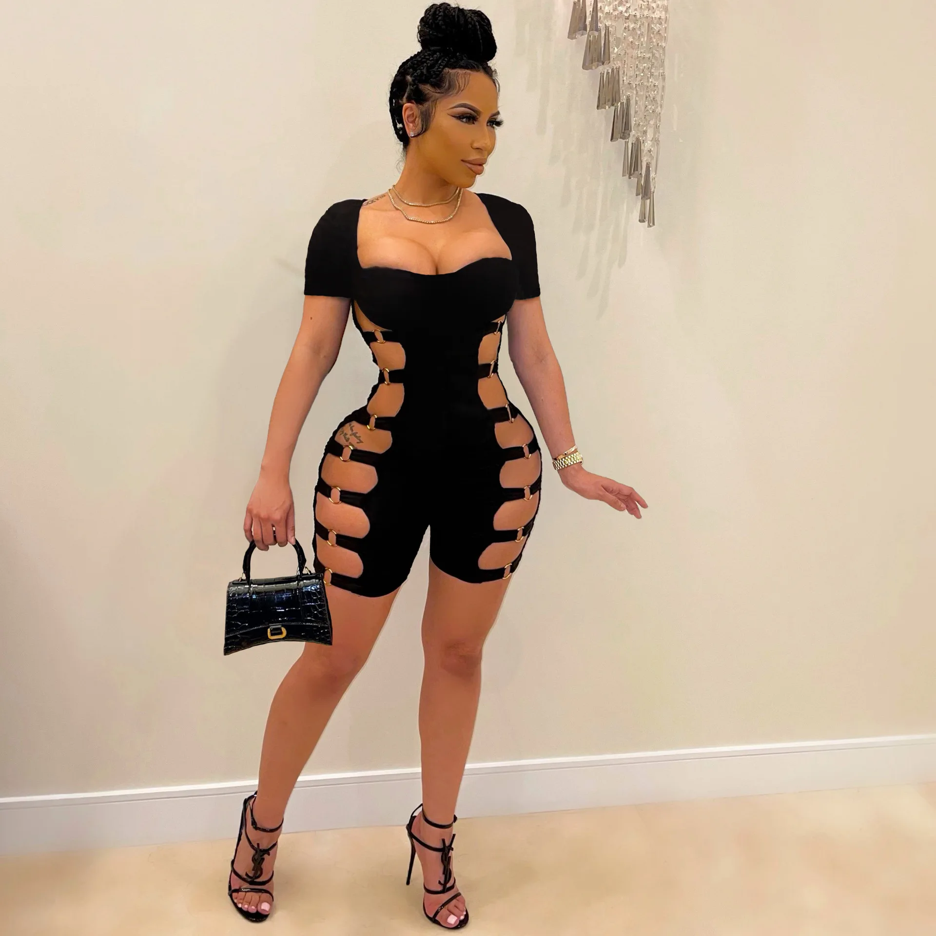 

Hot Womens Hollow Out Black Short Jumpsuits Skinny Ruched Playsuit Workout Active Wear Biker Shorts Romper Rave Outfits