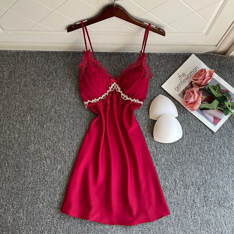 

FZSLCYIYI Lace Patchwork Female Spaghetti Strap Nightgown Satin Sexy Nightdress Intimate Lingerie Casual Home Clothes