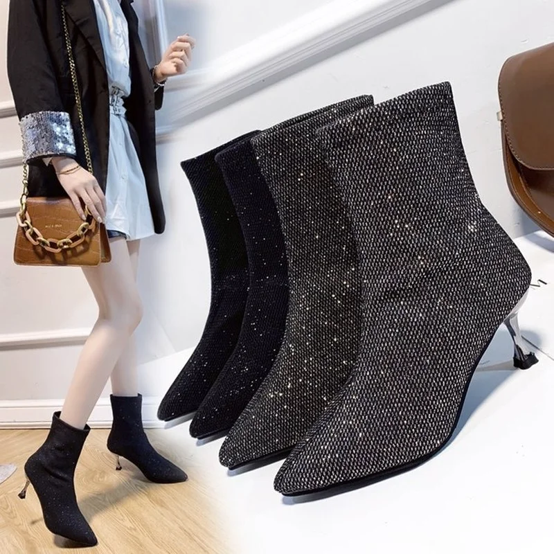 Spring Autumn Women Boots Bright Diamond High Heel Shoes Woman Boots Black Stretch Fabric Ladies Socks Boots Casual Shoes Female