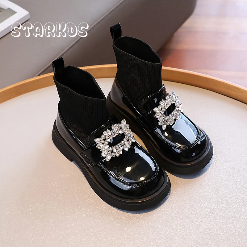Black Children School Shoes Girls Luxury Crystal Buckle Loafers Autumn Kids Chelsea Boots with Sock Collar enlarge