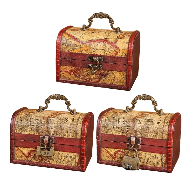 Vintage Wooden Treasure Chest Jewelry Box with Lock Retro Keepsake Organizer Drop Shipping