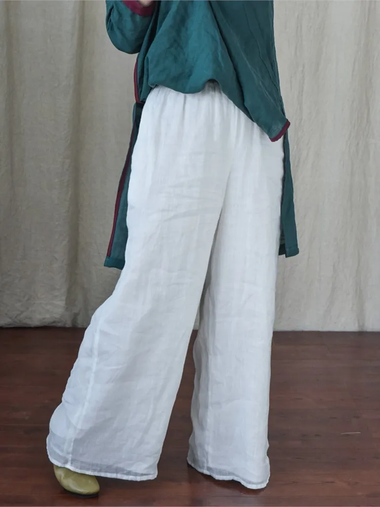 

Ramie Women Wide-legged Pants 2021 Summer Loose Thin Elastic Waist Casual White Trousers Female YoYiKamomo