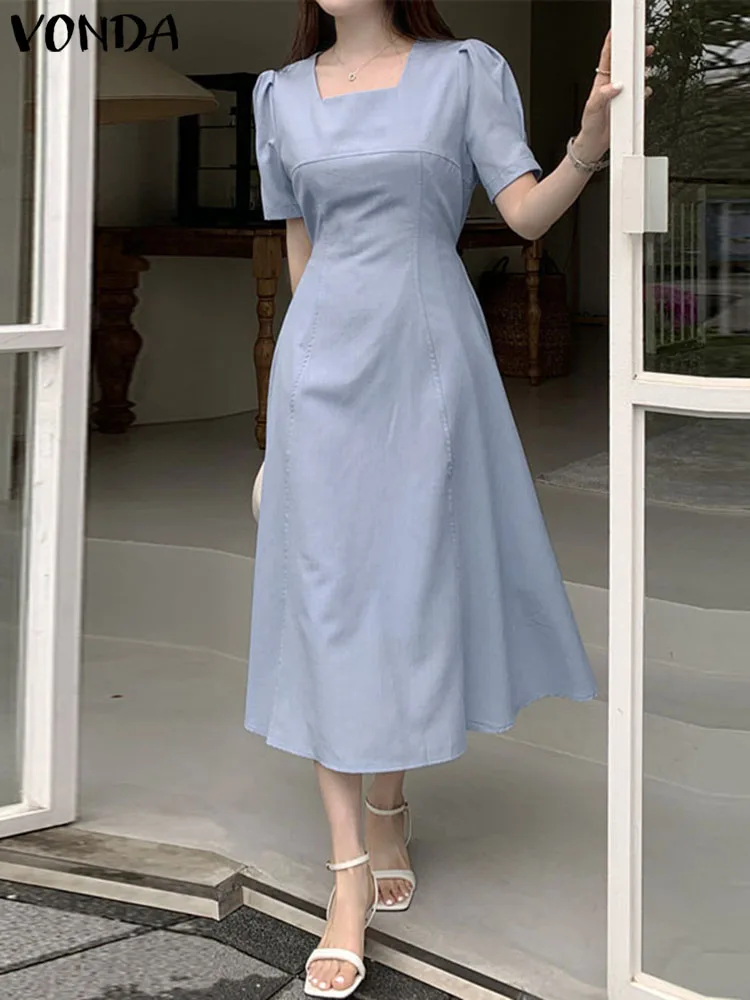 

Офисное платье VONDA 2023, Элегантный женский летний сарафан, сексуальное платье средней длины с квадратным вырезом и короткими рукавами-фонариками, повседневное женское платье
