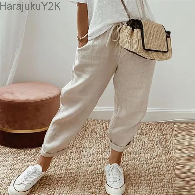 

Ethnic Retro Print Women Mid-waist Ankle Length Pant Summer Cotton Linen Pocket Straight Trousers Lady Casual Drawstring Overall