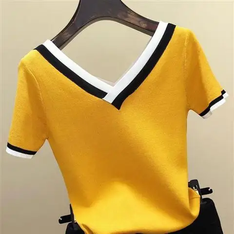 

V-neck Yellow Girl Summer beauty Thin Office Lady Cloth Women T-shirts Knitting Crop Short Sleeve Stretchy T-shirt Ice silk Tops