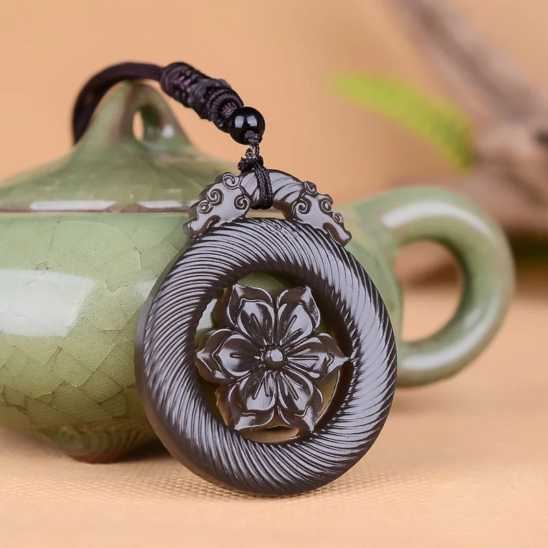 

Natural Color Jade Flower Pendant Necklace Chinese Jadeite Double-sided Hollow Carved Fashion Charm Jewellery Amulet Gifts Women