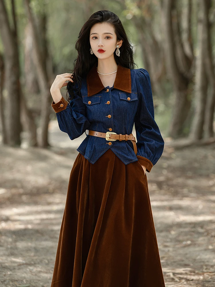 

French Style Elegant Lady Outfits Vintage Denim Shirt Tops & Brown Velvet Skirt With Belt Modern Retro 2 Piece Set Women
