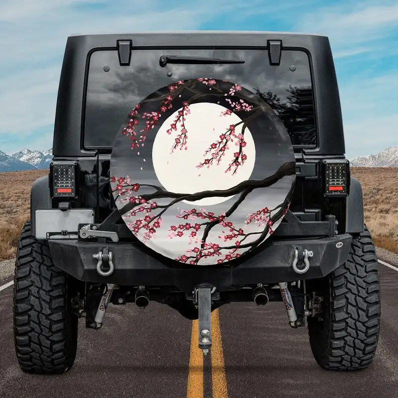

Japanese Sakura Cherry Blossom Moon Tree Trendy Tire Cover, SUV Tire Cover, Custom Spare Tire Cover, Personalized Gift