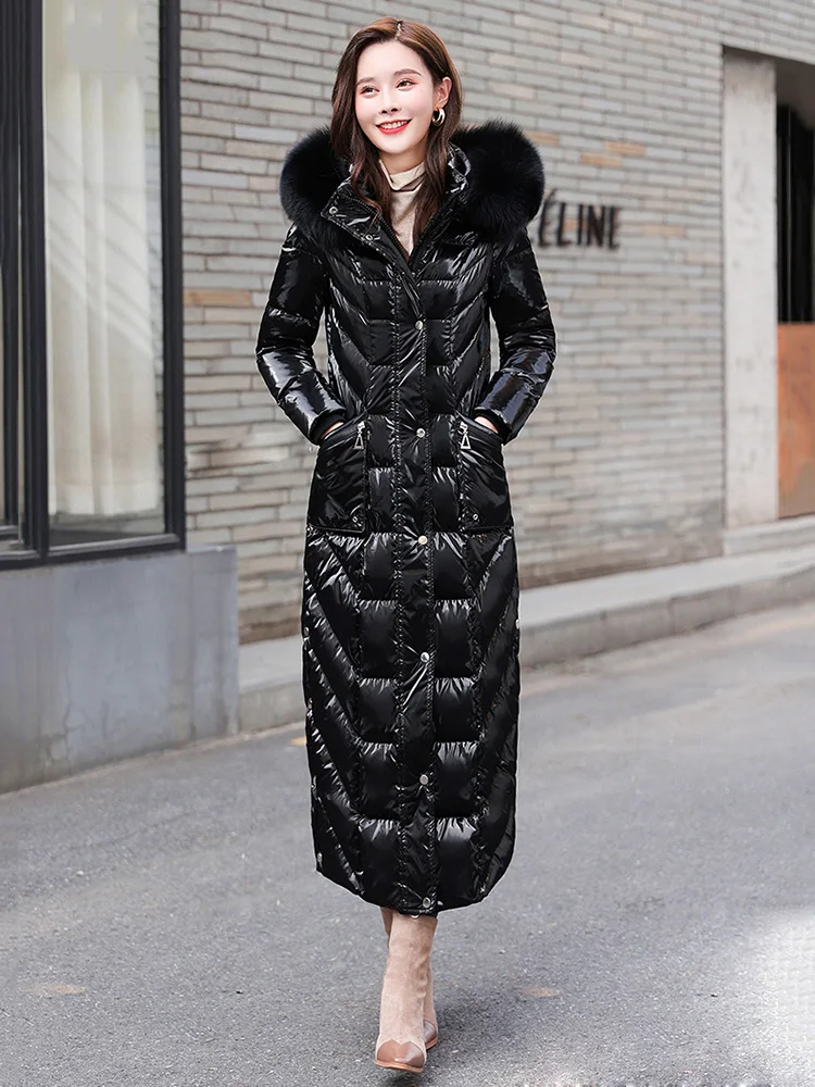 New Women Wash Free Glossy Surface Down Coat Winter Fashion Real Fox Fur Collar Lengthened Thicken Warm Slim Down Jacket Female