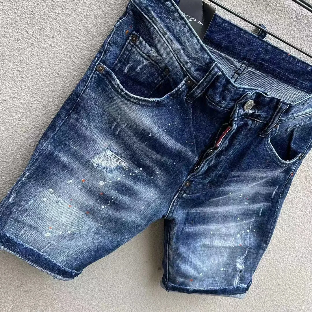 2023 Spring D2 Jeans Men's Fashion Wash Hole Patch Irregular Car Thread Denim Shorts Capris