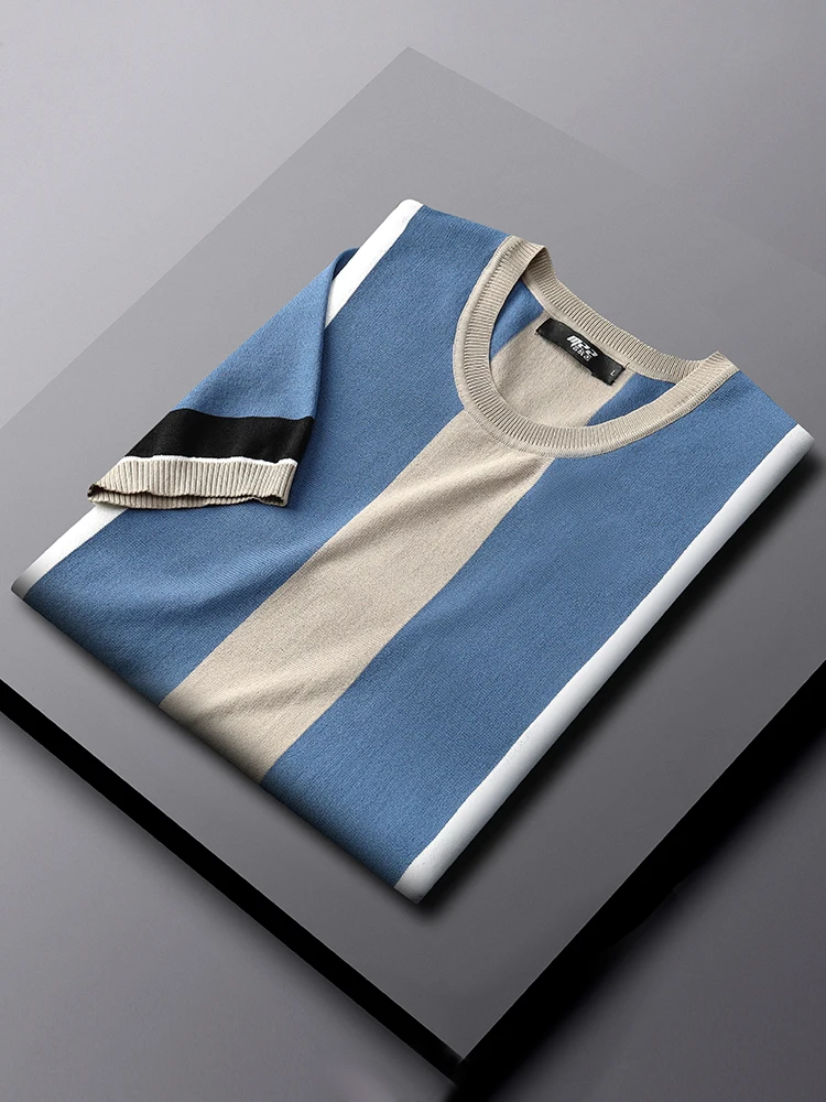 

2022 Summer O Neck Contrast Color Knitted T Shirts Men Short Sleeve Breathable Ice Silk Slim Fit Casual Striped Tee Shirt S39