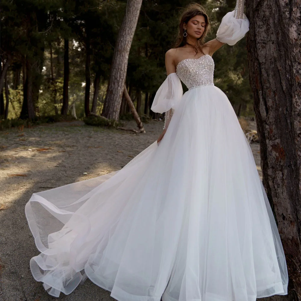 

Exquisite Wedding Dresses Strapless Long Puff Sleeves Zipper Backless Bride Gowns Tulle A-Line Sweep Train Vestido De Noiva