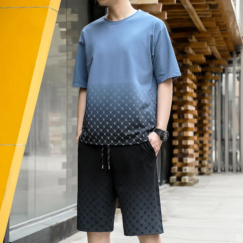 2023 Summer New Printing Gradient Color Set Men's Short Sleeve T-shirt+Casual Shorts Sports Two Piece Set Handsome Men Clothing