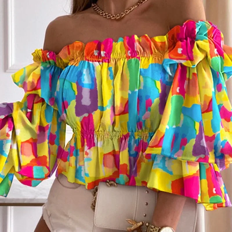 

Женская блузка с открытыми плечами, привлекательные многослойные топы, красочная плиссированная женская рубашка с расклешенными рукавами для свидания, клуба, осенние Рубашки