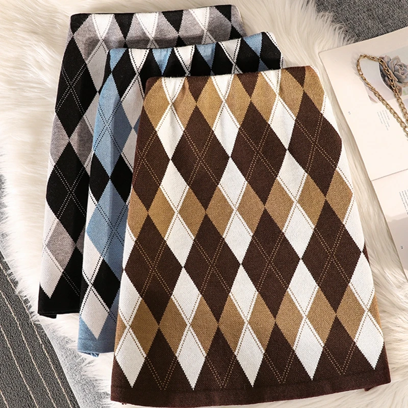 

Autumn Winter Knitted Sexy Short Skirts Women Korean Fashion High Waist Bodycon Bud Plaid Skirt Casual Mini Skirt Female