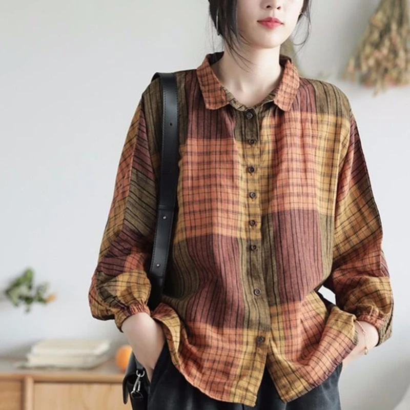 

New Arrival Autumn Women Shirt Plus Size Batwing Sleeve Loose Casual Plaid Blouse Vintage Cotton Linen Shirts Womens Tops D368