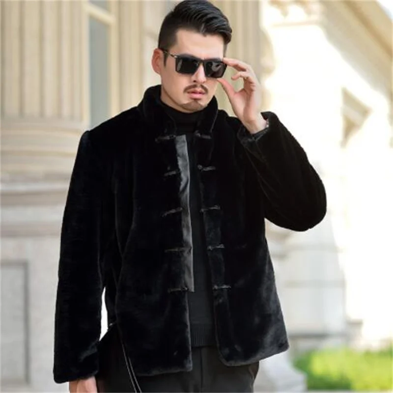 Men's faux fur coat fleece mink jackets casual clothes all-in-One coat loose stand coolar single-breasted black шуба мужская