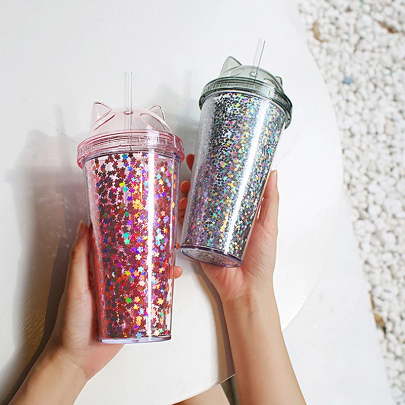 Insulated Double Wall Tumbler Cup with Lid and Straw Glittering Simple Flash Powder Cup Mugs for Travel Shopping Hot and Cold