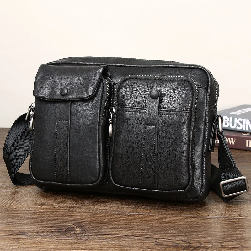 

High Quality Genuine Leather Shoulder Bag for Men Fashion Cowhide Leather Crossbody Bag Men's Black Handbag Male Briefcase