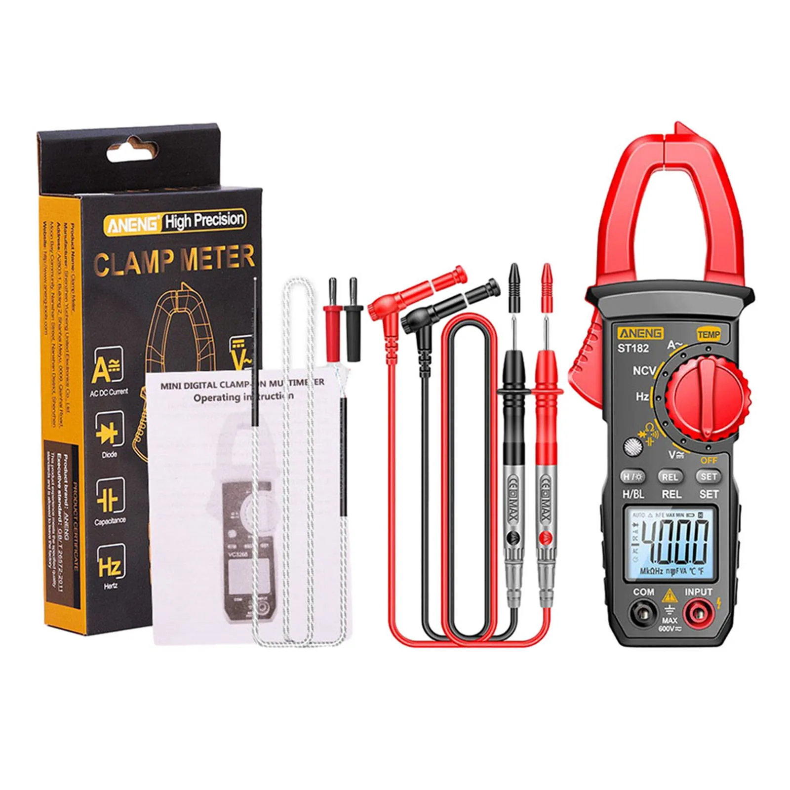 

ANENG ST182 Digital Clamp Meter AC Current Clamp Multimeter AC/DC Ammeter Voltage Tester Amp Hz Capacitance NCV Ohm Test
