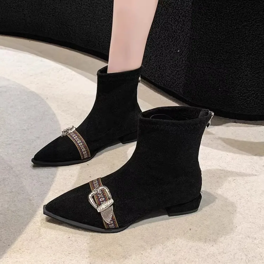

2023 Autumn Winter Belt Buckle Ankle Boots for Women Metal Buckle Low Heels Designer Shoes Women's Fashion Short Tube Boots