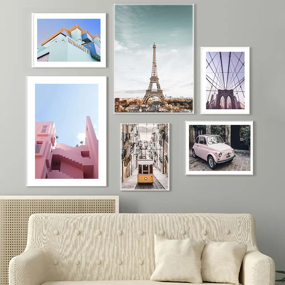 

Modern City Landscape Poster and Print Canvas Painting Eiffel Tower In Paris Pink Car Wall Picture Living Room Home Decor Gift