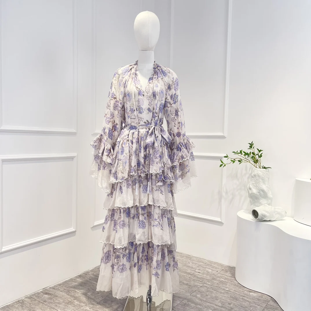 

2022 New Arrival Elegant Print Tie-Up In Front Cascading Embroidery Scallop Trim Flouncing Flare Sleeve Long Loose Women Dress