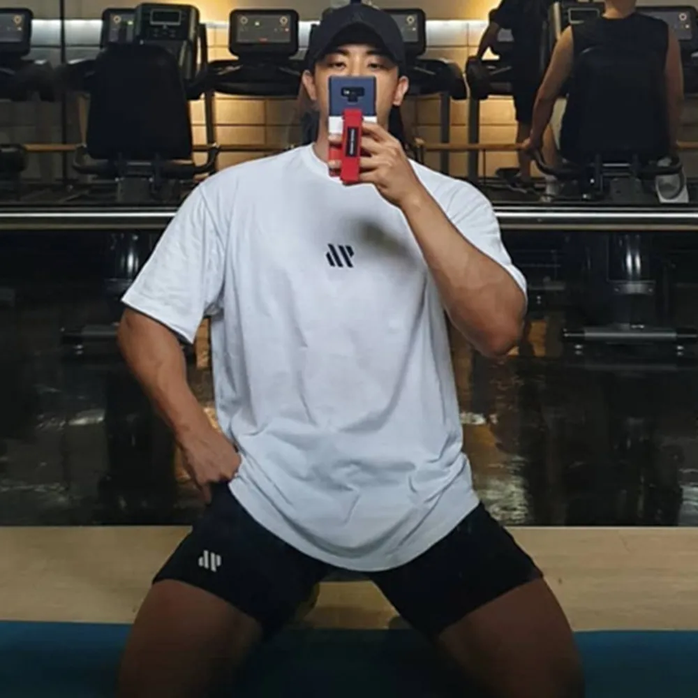 

Streetwear Men's Loose Running Cotton T-Shirt Gym Jogging Sportswear Print Fashion Casual Oversized Short Sleeve Shirt Brand