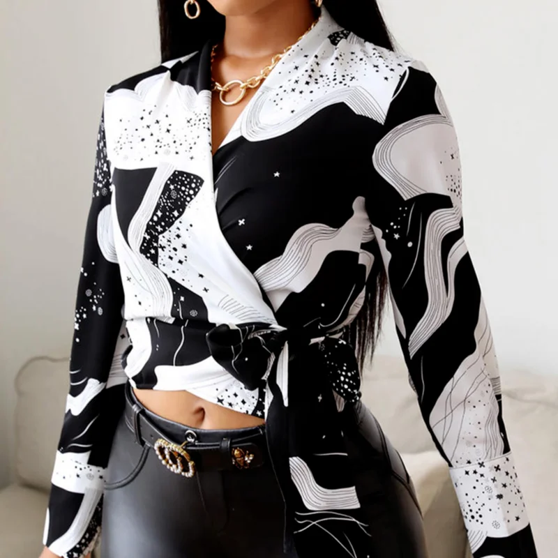 

2021 New Ladies V-neck Long Sleeve Colorblock T-shirt Women's Ladies Side Tie Temperament Cow Print Tie Front Wrap-around Tops